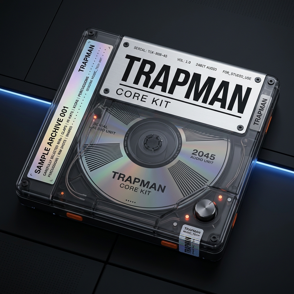 TrapMan Core Kit artwork: a translucent sample-cartridge unit with a holographic label listing 808s, claps, hi-hats, kicks, percussion and snares