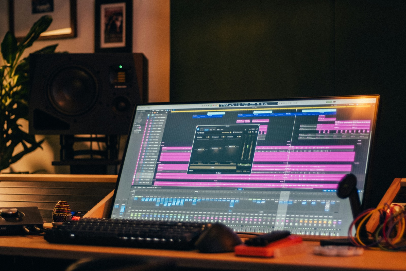 Laptop showing an active DAW session on a studio desk