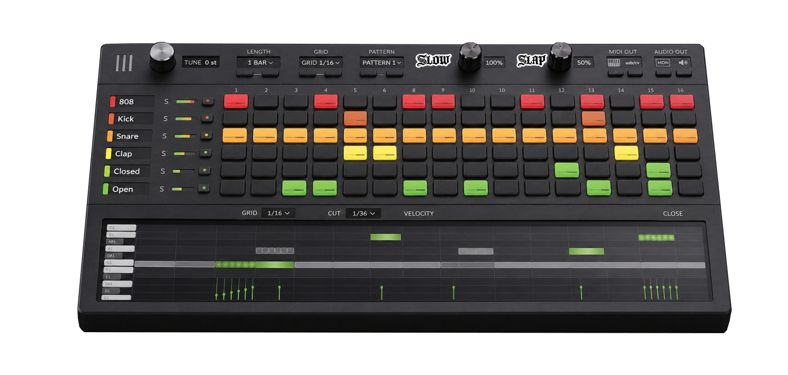 A drum sequencer plugin interface: six sample lanes across sixteen steps, with a linked piano roll and velocity lane below