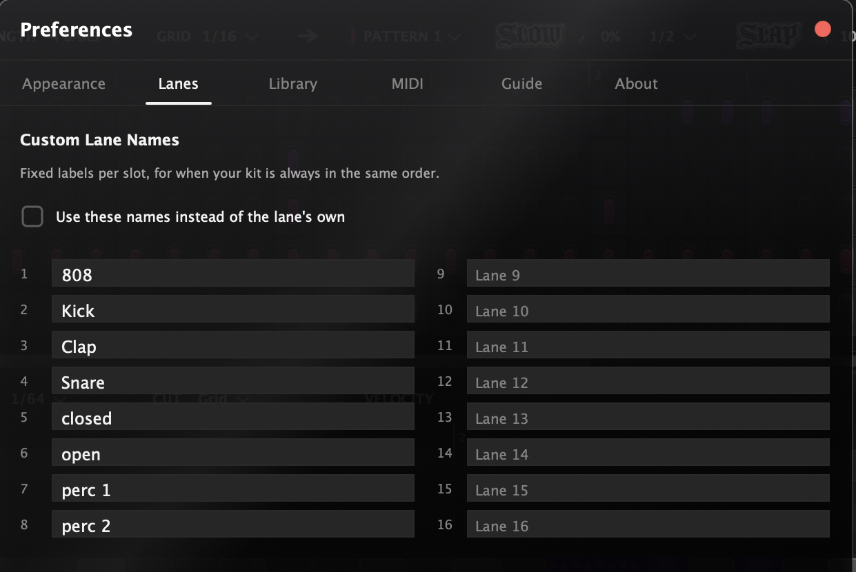 Preferences, Lanes tab: sixteen fixed lane name fields and the override checkbox