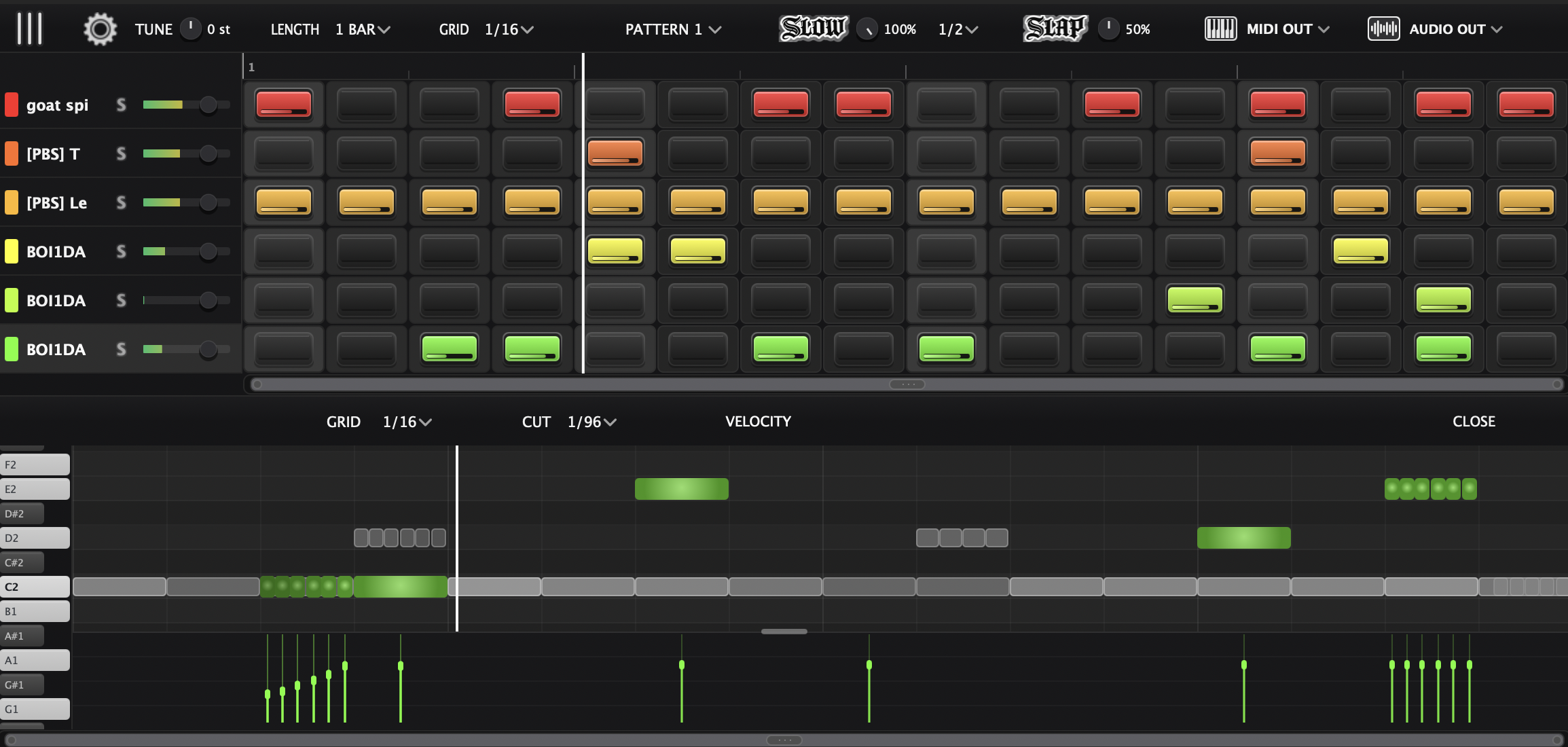 TrapMan step sequencer with separate sample lanes, a linked piano roll and editable note velocities
