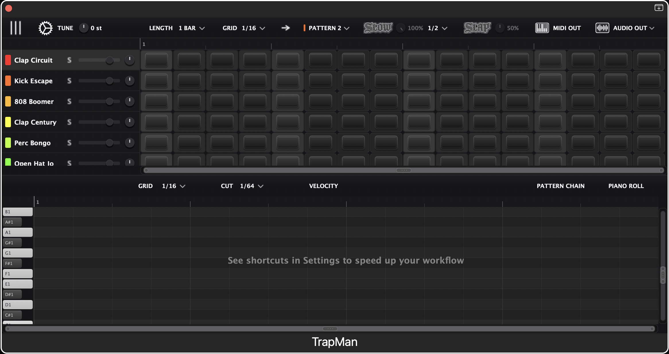 The full TrapMan window: top bar, lane panel, pattern grid and piano roll