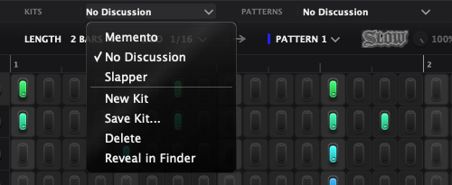 The KITS slot menu: the three factory kits, then New Kit, Save Kit, Delete and Reveal in Finder