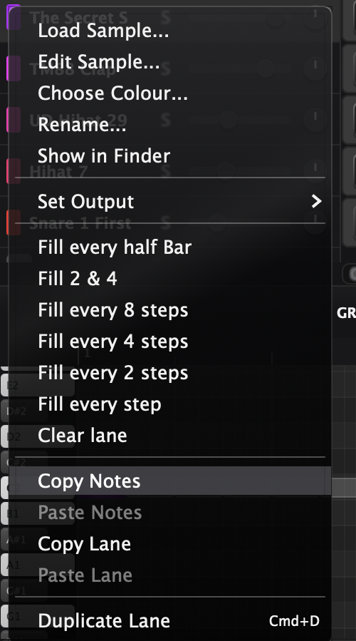 A lane's right-click menu showing Copy Notes, Paste Notes, Copy Lane, Paste Lane and Duplicate Lane