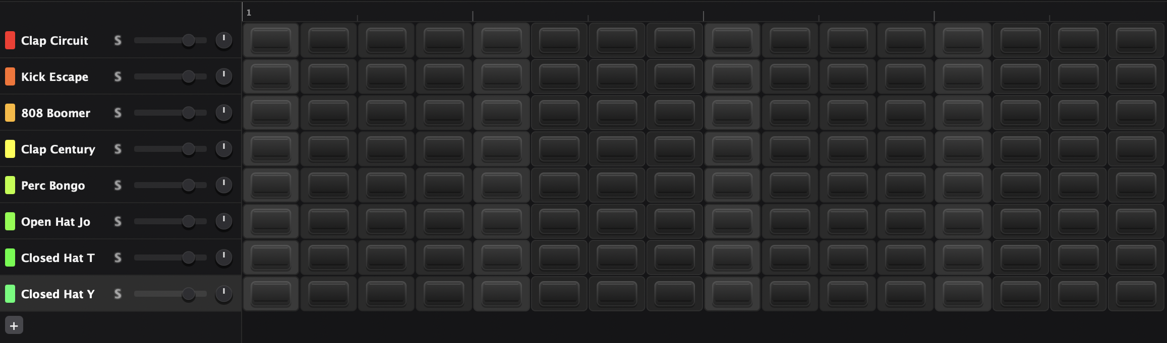 The lane panel: color chips, solo buttons, volume faders and pan knobs