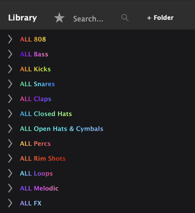 The library drawer with search, favorites star and the 12 Smart Folders