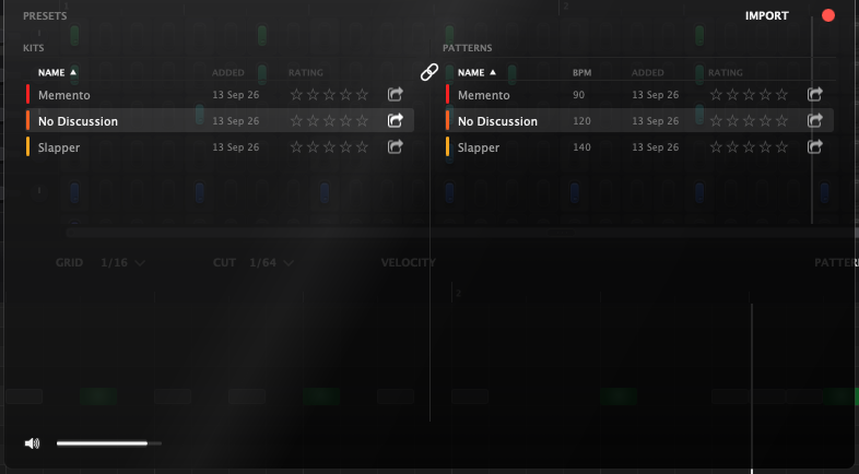 The preset browser: kits on the left, patterns on the right with a BPM column, linked by the chain glyph between them