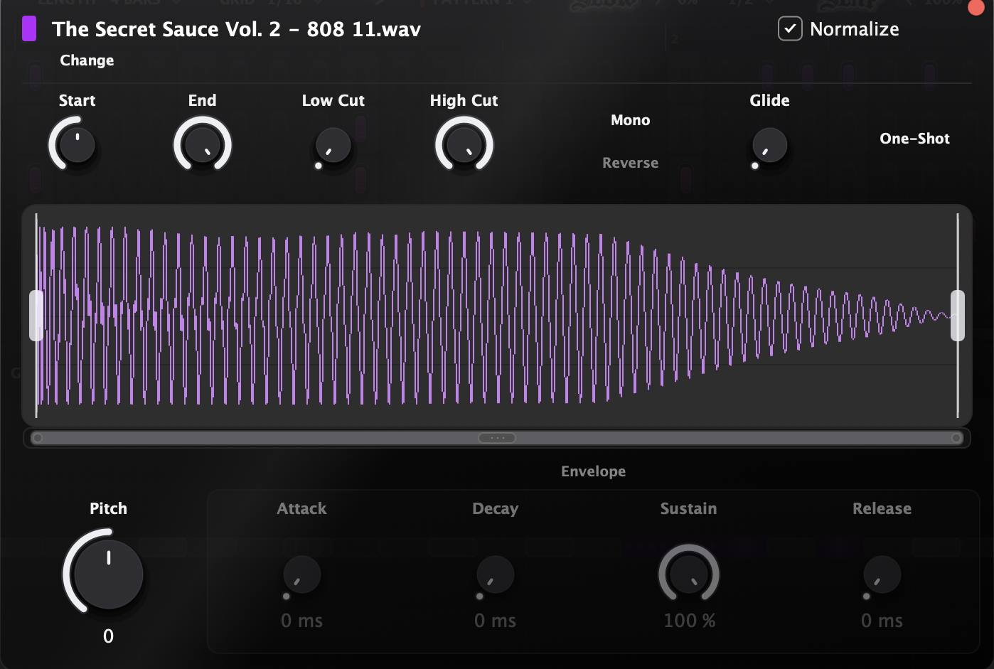 The sample editor toggles: Mono, Reverse, One-Shot and Normalize beside the waveform