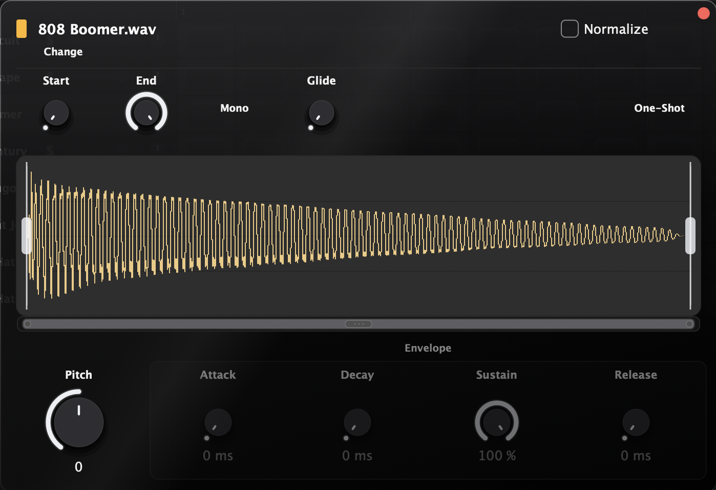 The sample editor on an 808: waveform, Start/End, Glide, Pitch and envelope knobs