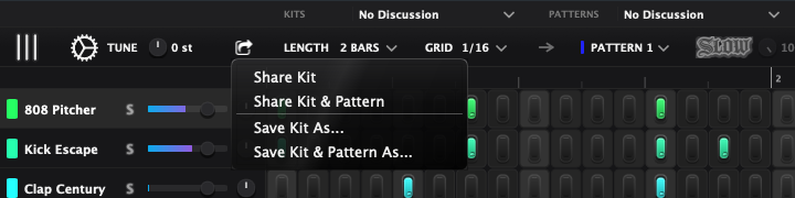 The share menu: Share Kit, Share Kit and Pattern, Save Kit As and Save Kit and Pattern As