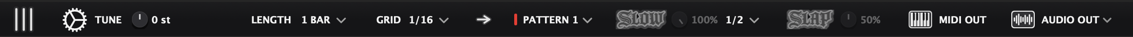 The TrapMan top bar: Library, preferences, TUNE, LENGTH, GRID, follow, pattern selector, Slow, Slap, MIDI OUT and AUDIO OUT